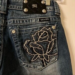 Miss Me Signature Rise Boot Blue Jeans 28 Med Wash Rhinestones Embroidered Rose